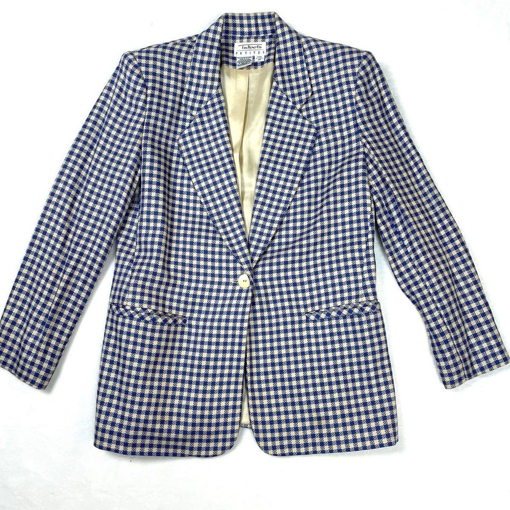 Vintage 90s Talbots Petites Blue Houndstooth Rayon Blazer Jacket USA Sz 2P